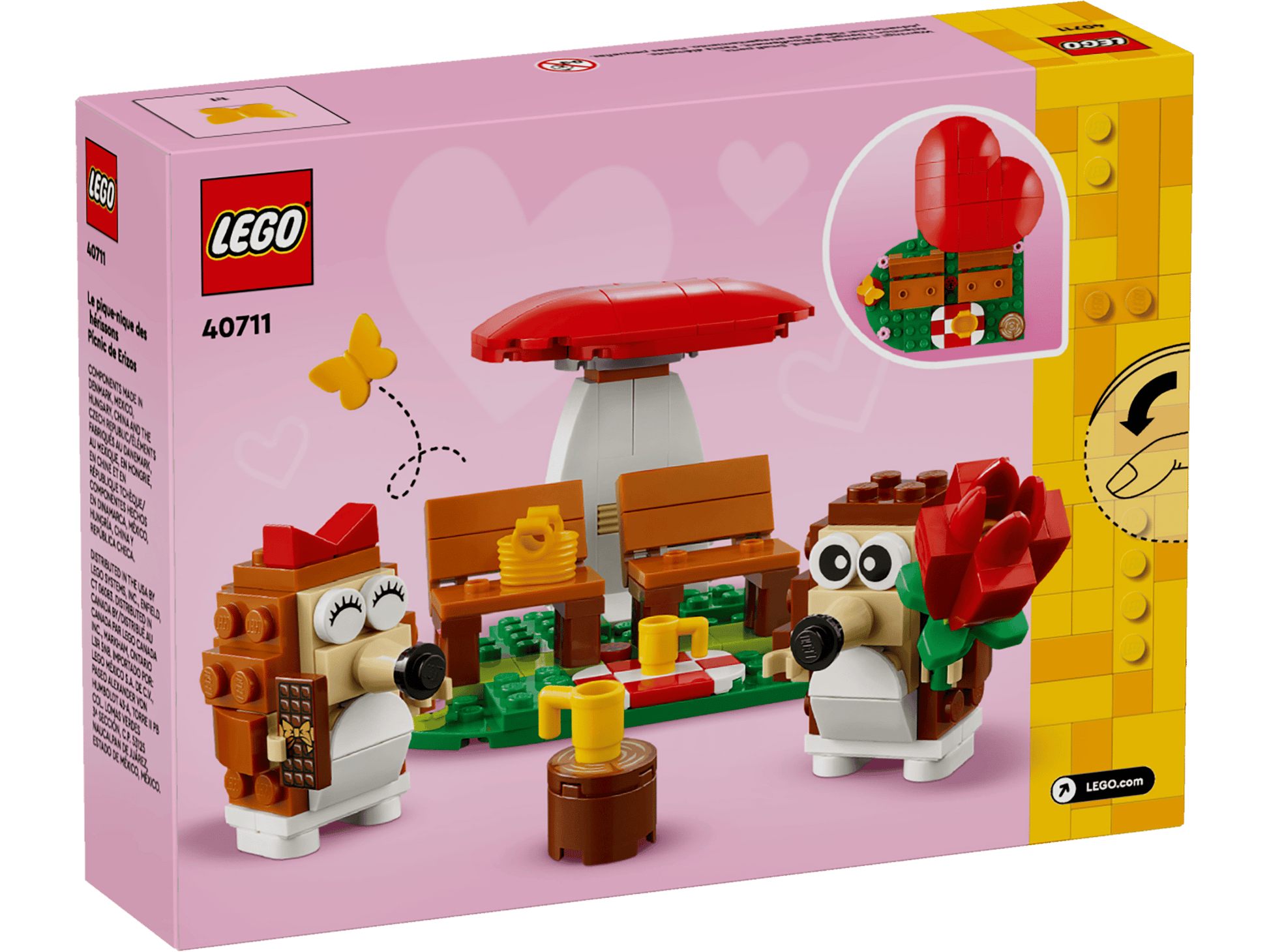 The Legos - Toyhouse LEGO® Hedgehog Picnic Date set 40711 includes two cute hedgehogs, a picnic scene with benches, a mushroom, and heart accessories—an ideal animal toy building kit or LEGO gift.