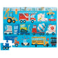 The Vehicles 36-Piece Puzzle by Crocodile Creek features a vibrant design with vehicles like a fire truck, school bus, and mail truck on a blue background. Made with soy-based ink, two pieces are missing from this floor puzzle.