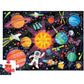 The Crocodile Creek 36 Piece Space Explorer Puzzle is a colorful jigsaw featuring labeled planets, the Sun at the center, an astronaut, a Space Explorer rocket, and stars. One piece is missing in the bottom left.