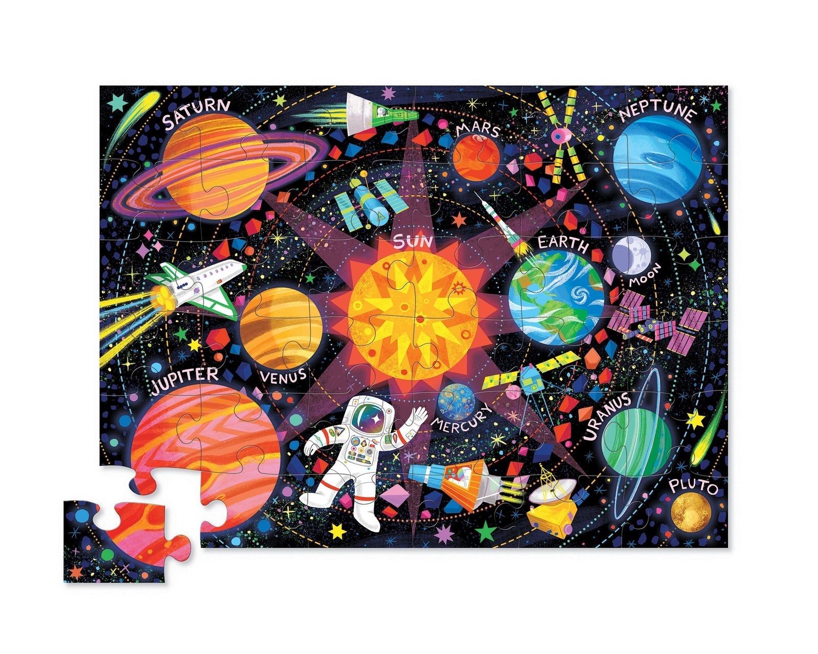 The Crocodile Creek 36 Piece Space Explorer Puzzle is a colorful jigsaw featuring labeled planets, the Sun at the center, an astronaut, a Space Explorer rocket, and stars. One piece is missing in the bottom left.
