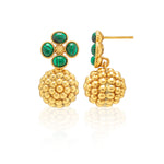 The Berry Clover Drop Earrings by Juliska Capucine De Wulf feature gold drops with green stones in a floral design and textured gold berries, making them perfect as cocktail dress jewelry.