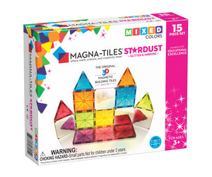The Magnatiles Stardust 15-Piece Set is a STEAM toy with colorful magnetic tiles in geometric shapes. Suitable for ages 3+ and includes a choking hazard warning.