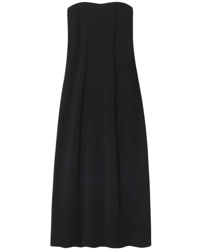 The CO Strapless Dress features a fitted bodice and slightly flared, knee-length black skirt—an elegant choice for formal events.