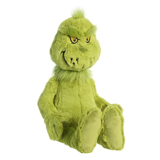 A 20" Dr. Seuss Grinch plush toy by Aurora, featuring a mischievous smile and sitting upright in a relaxed pose, perfect for adding some whimsical Dr. Seuss magic to your Christmas decor.
