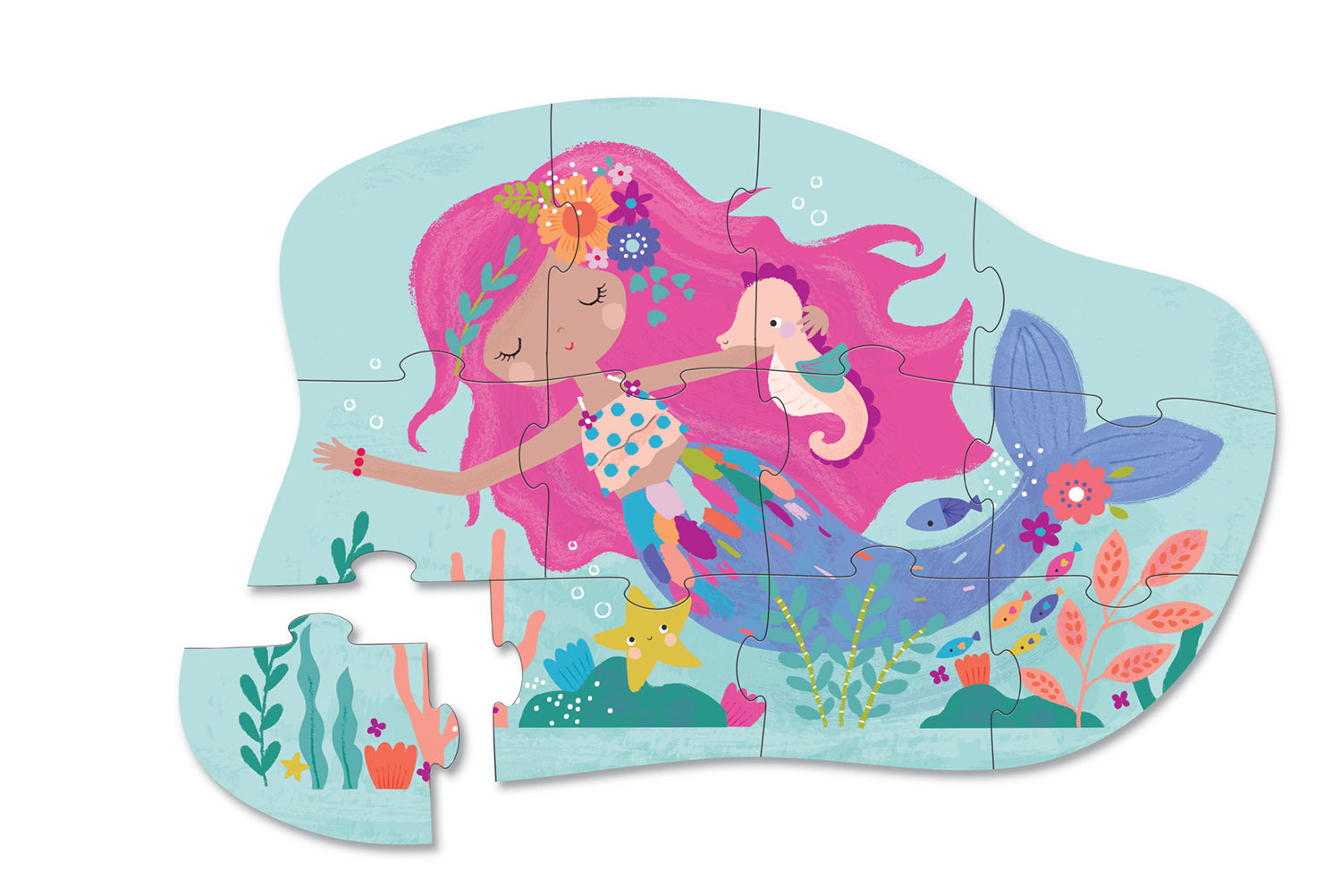 A whimsical illustration of a mermaid and a girl on a Crocodile Creek 12 Piece Mini Puzzle, Mermaid Dreams, with one piece detached.