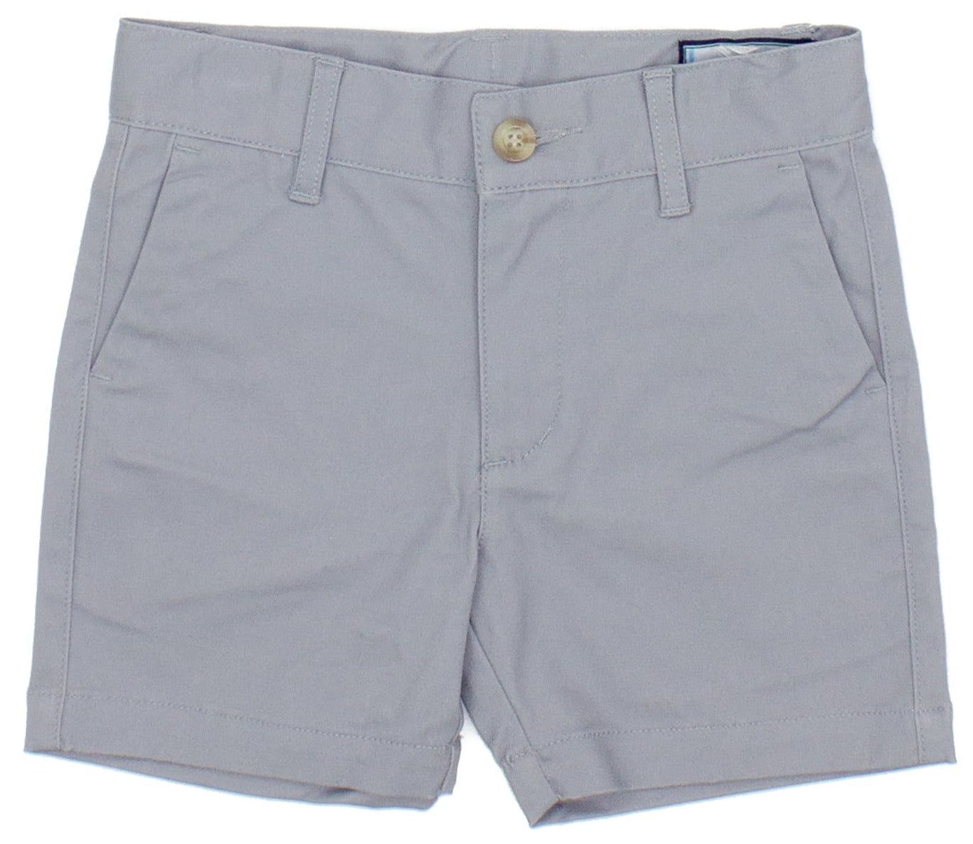 The Properly Tied Patriot Shorts are classic boys' adventure shorts in gray, designed with belt loops, a button, and two front pockets.