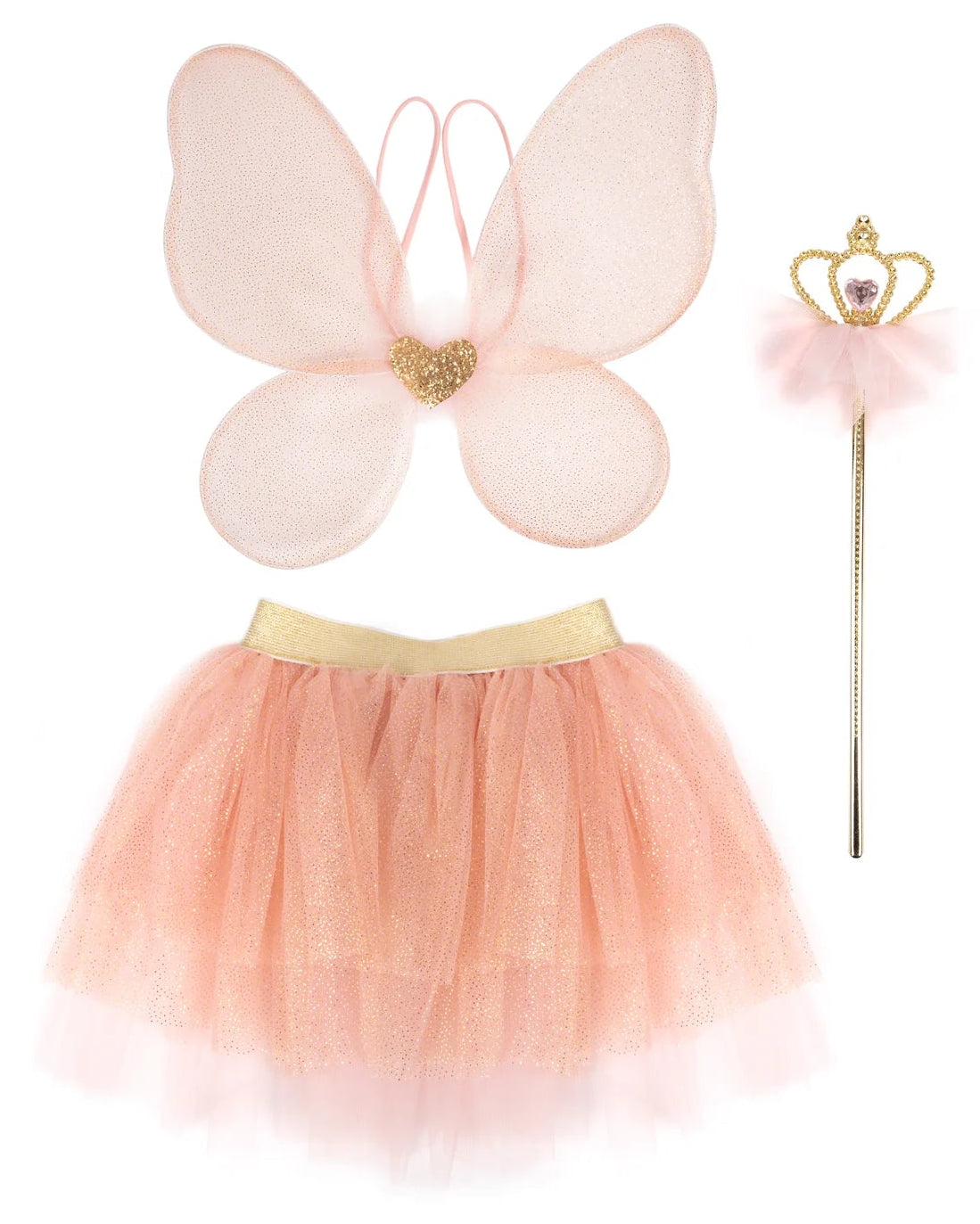 The Royal Fairy Princess Skirt Set by Great Pretenders features glittery wings, a matching tutu skirt with a gold waistband, and a gold wand topped with a decorative crown and pink tulle—perfect for magical fairy dress up or as an enchanting girls’ fairy costume.