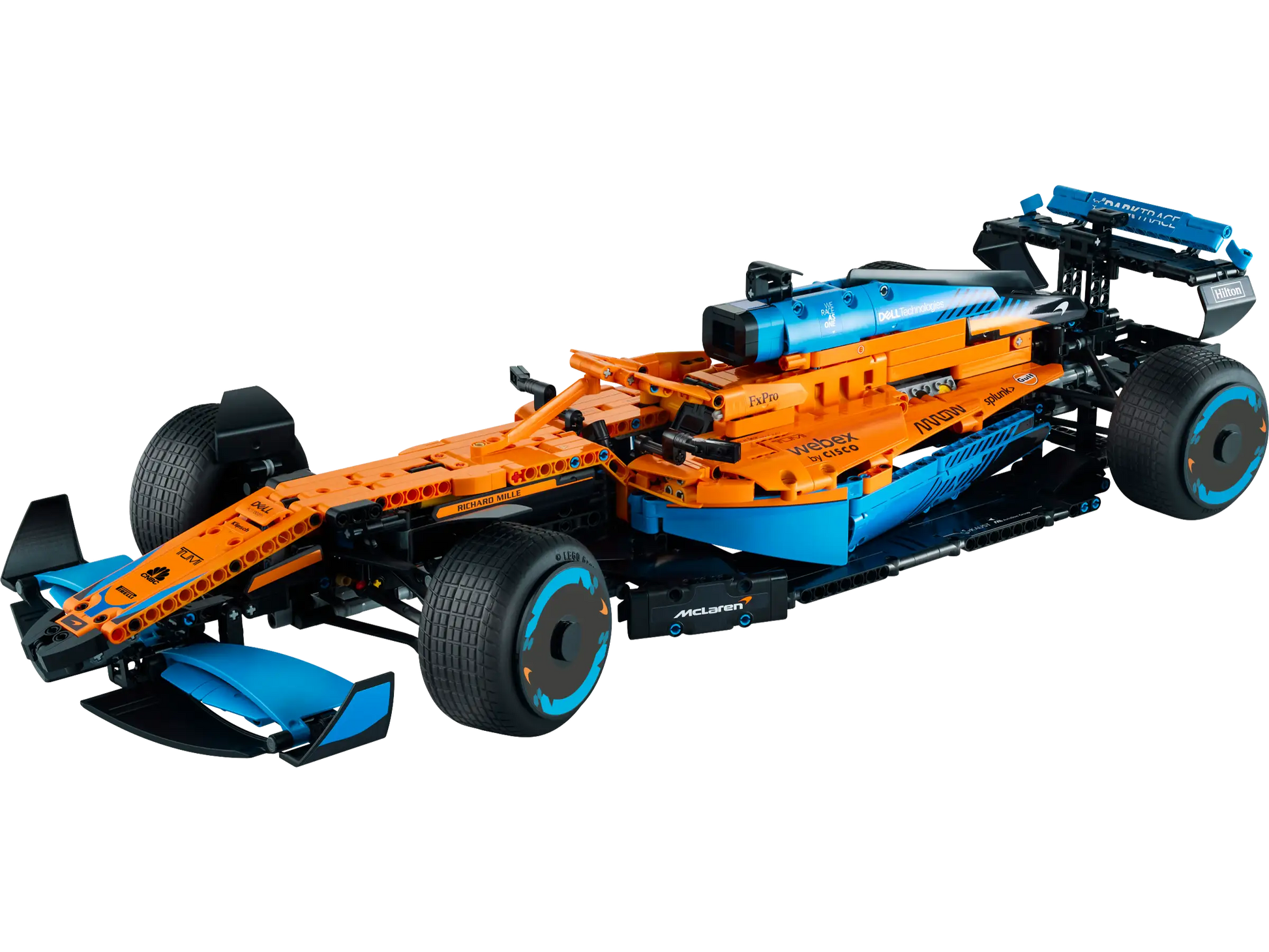 The LEGO® Technic™ McLaren Formula 1™ Race Car by Legos - Toyhouse features an orange, blue, and black design with intricate aerodynamic elements and branding decals, embodying speed and precision.