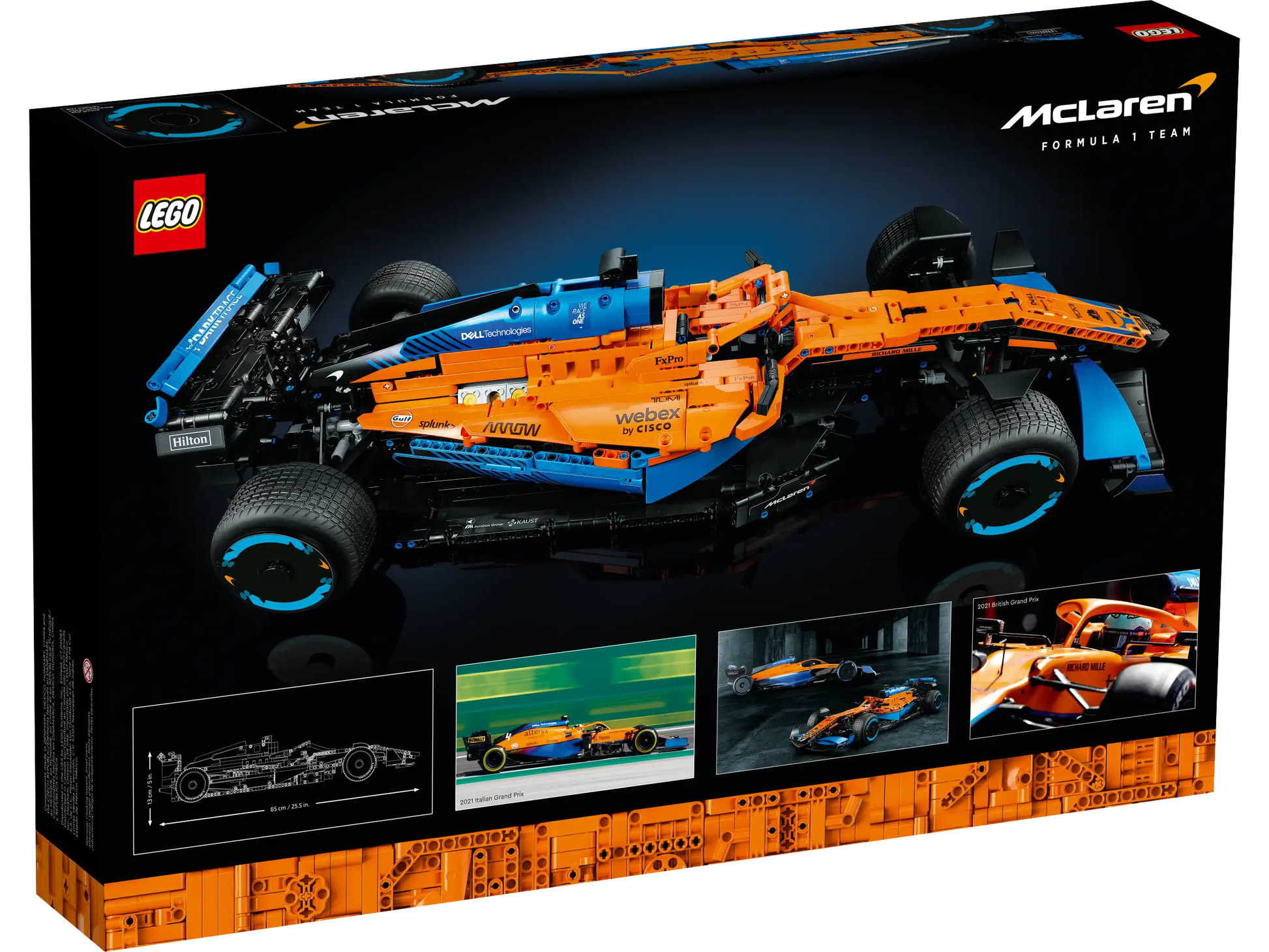 The LEGO® Technic™ McLaren Formula 1™ Race Car set from Legos - Toyhouse includes a vibrant orange and blue model car. The box highlights detailed views and features the iconic McLaren logo in the top right corner.