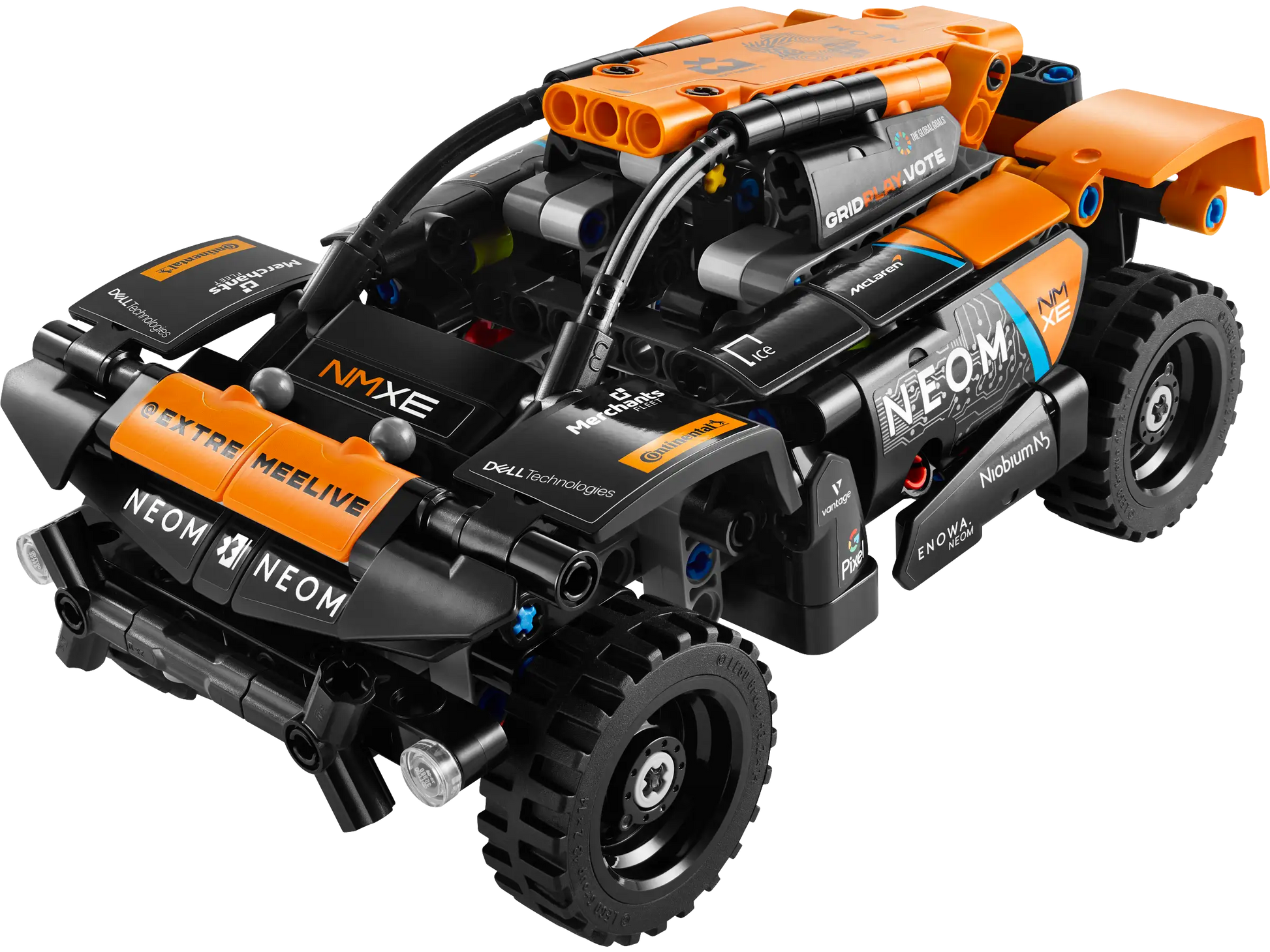 The Legos - Toyhouse LEGO® Technic™ NEOM McLaren Extreme E Race Car features black and orange colors, sponsor logos, rugged tires, and detailed parts—ideal for race car toy fans.