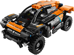 The Legos - Toyhouse LEGO® Technic™ NEOM McLaren Extreme E Race Car features black and orange colors, sponsor logos, rugged tires, and detailed parts—ideal for race car toy fans.