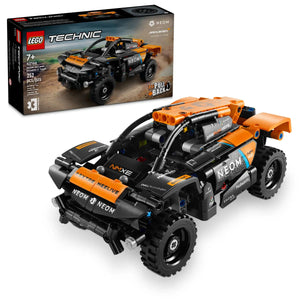 The Legos - Toyhouse LEGO® Technic™ NEOM McLaren Extreme E Race Car features bold black and orange details and is displayed fully assembled in front of its box—ideal for race car toy enthusiasts.