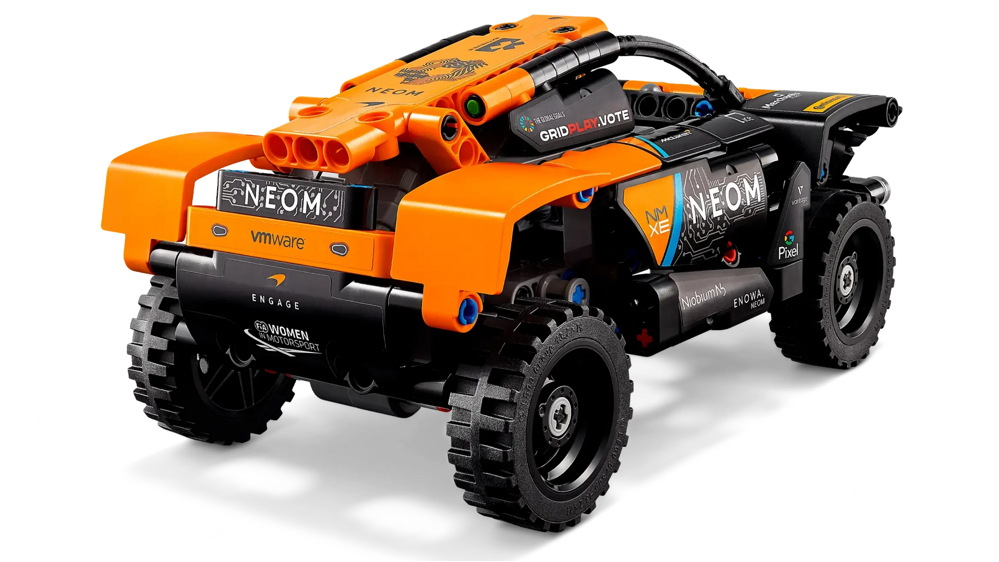 A black and orange LEGO® Technic™ NEOM McLaren Extreme E Race Car by Legos - Toyhouse, featuring sponsor logos, is shown from the rear on a white background.