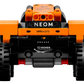 Front view of the LEGO® Technic™ NEOM McLaren Extreme E Race Car by Legos - Toyhouse, an orange and black pull-back toy featuring NEOM, vmware, and FIA Women in Motorsport logos—ideal for race car enthusiasts.