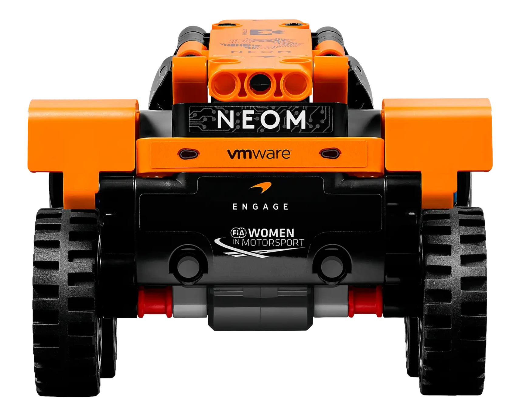Front view of the LEGO® Technic™ NEOM McLaren Extreme E Race Car by Legos - Toyhouse, an orange and black pull-back toy featuring NEOM, vmware, and FIA Women in Motorsport logos—ideal for race car enthusiasts.