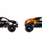 Two black and orange race car toys are shown; the left pull-back car faces left with arrows above, while the right Legos - Toyhouse LEGO® Technic™ NEOM McLaren Extreme E Race Car faces right with a large arrow overhead.