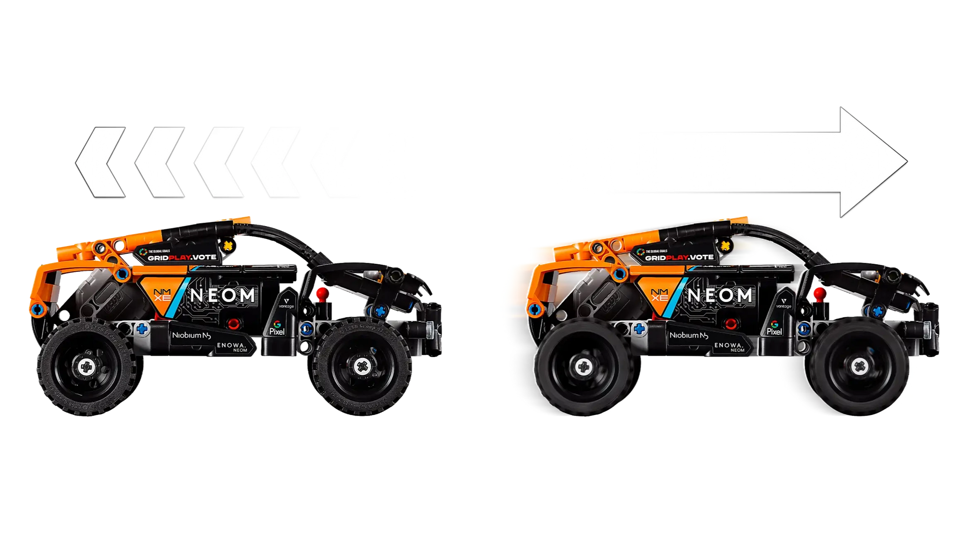 Two black and orange race car toys are shown; the left pull-back car faces left with arrows above, while the right Legos - Toyhouse LEGO® Technic™ NEOM McLaren Extreme E Race Car faces right with a large arrow overhead.