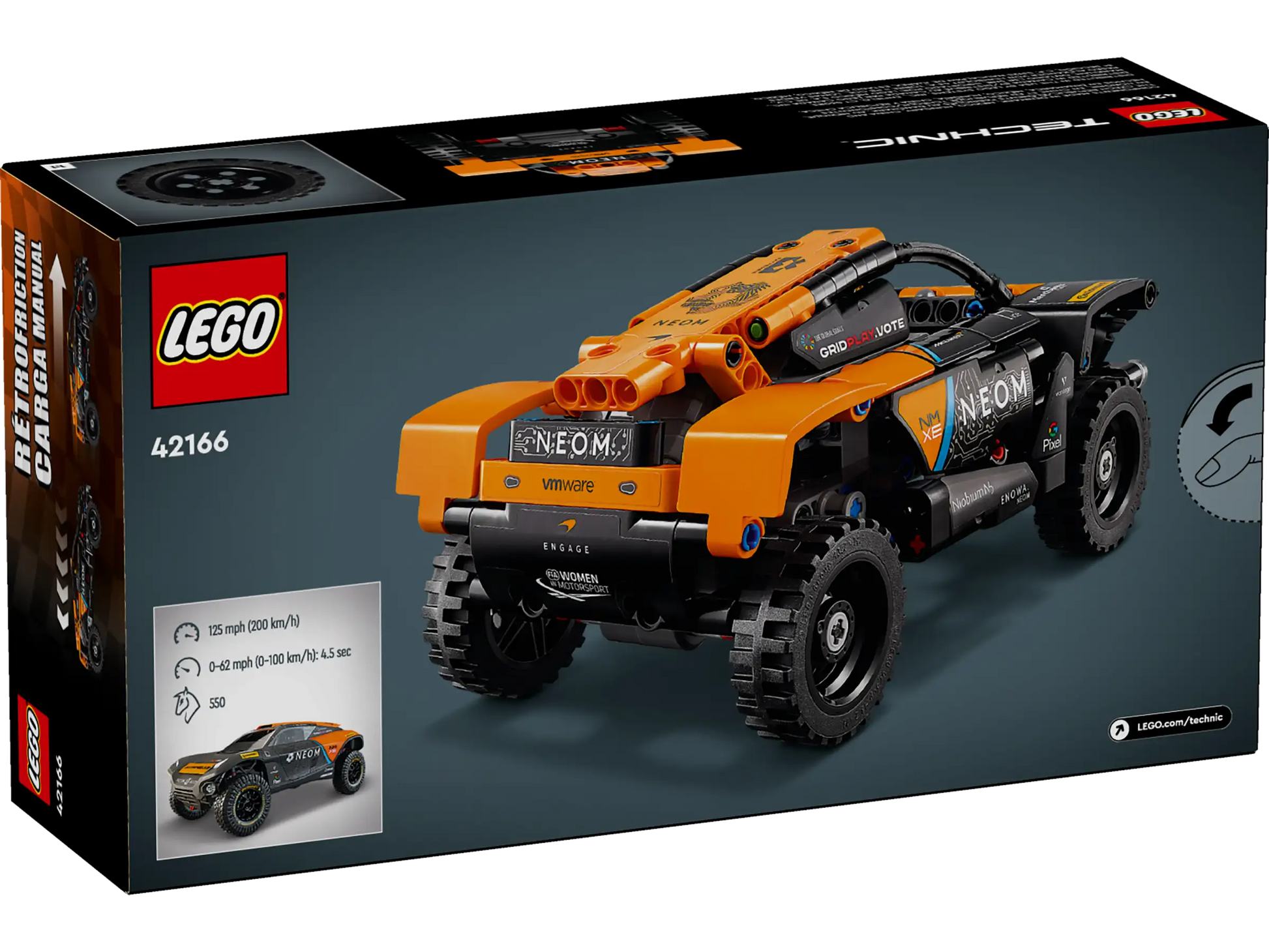 The LEGO® Technic™ NEOM McLaren Extreme E Race Car by Legos - Toyhouse is an orange and black pull-back toy car, with its box displayed from a rear three-quarter view.