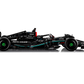 Side view of the black LEGO Mercedes-AMG F1 W14 E Performance, from Legos - Toyhouse, adorned with green and white accents and sponsor logos—a superb choice for fans wanting a LEGO Technic model car building set.