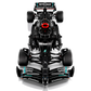 A LEGO® Mercedes-AMG F1 W14 E Performance from Legos - Toyhouse, featuring a top view of the black car with sponsor logos like Petronas, Syntium, and TeamViewer, highlights intricate design and aerodynamics akin to a real model.