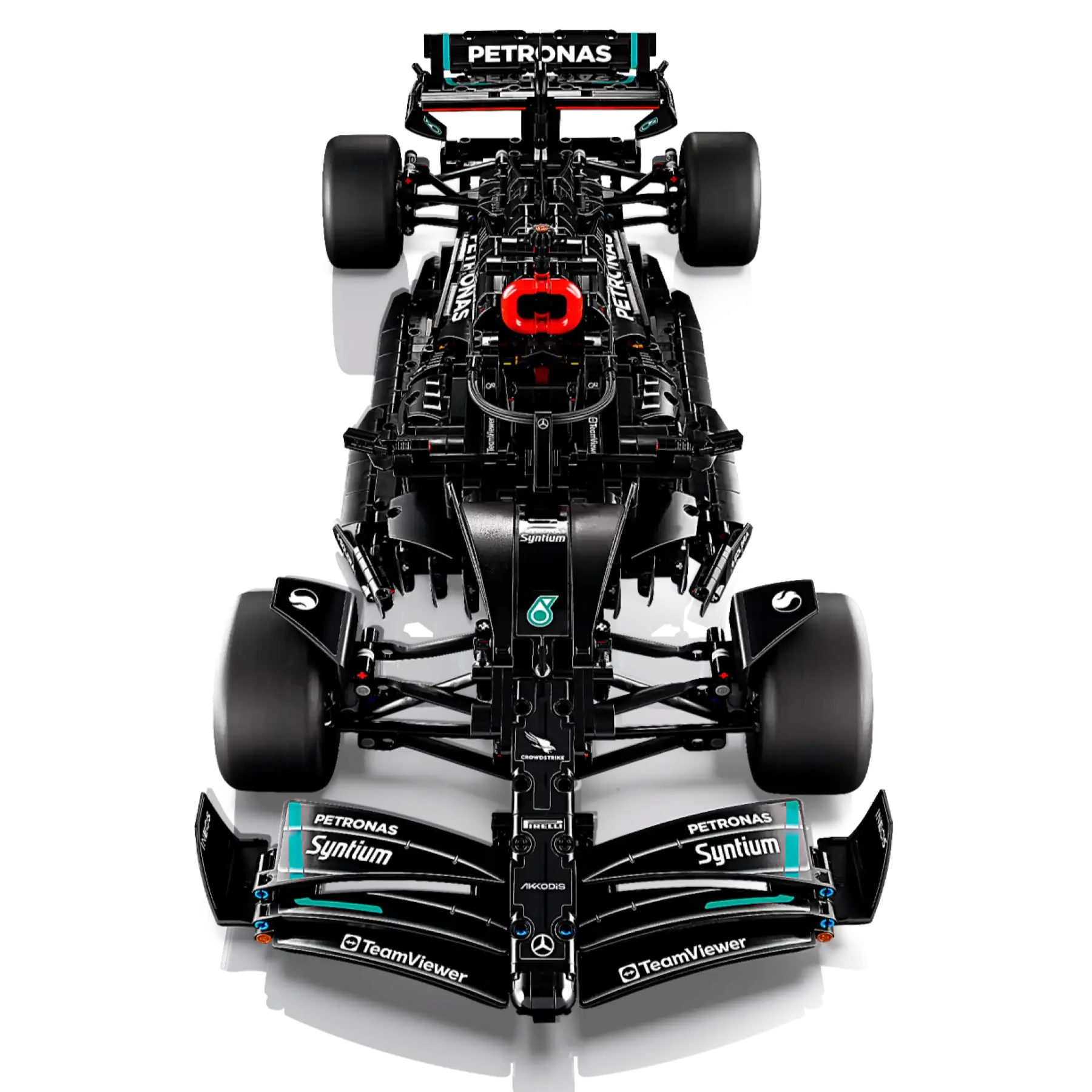 A LEGO® Mercedes-AMG F1 W14 E Performance from Legos - Toyhouse, featuring a top view of the black car with sponsor logos like Petronas, Syntium, and TeamViewer, highlights intricate design and aerodynamics akin to a real model.