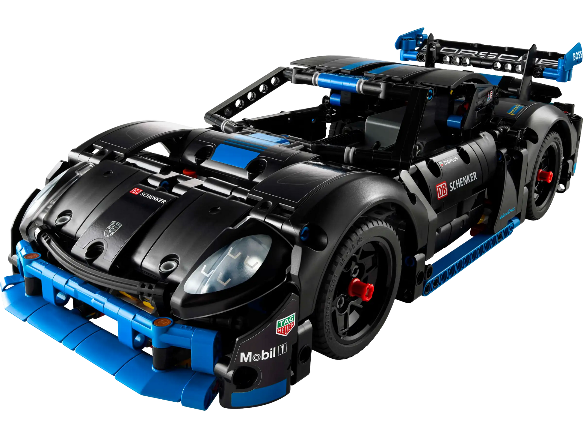 LEGO® Technic™ Porsche GT4 e-Performance Race Car by Legos - Toyhouse, a black and blue remote-controlled model with sponsor decals and detailed design, shown against a plain white background.