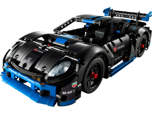 LEGO® Technic™ Porsche GT4 e-Performance Race Car by Legos - Toyhouse, a black and blue remote-controlled model with sponsor decals and detailed design, shown against a plain white background.