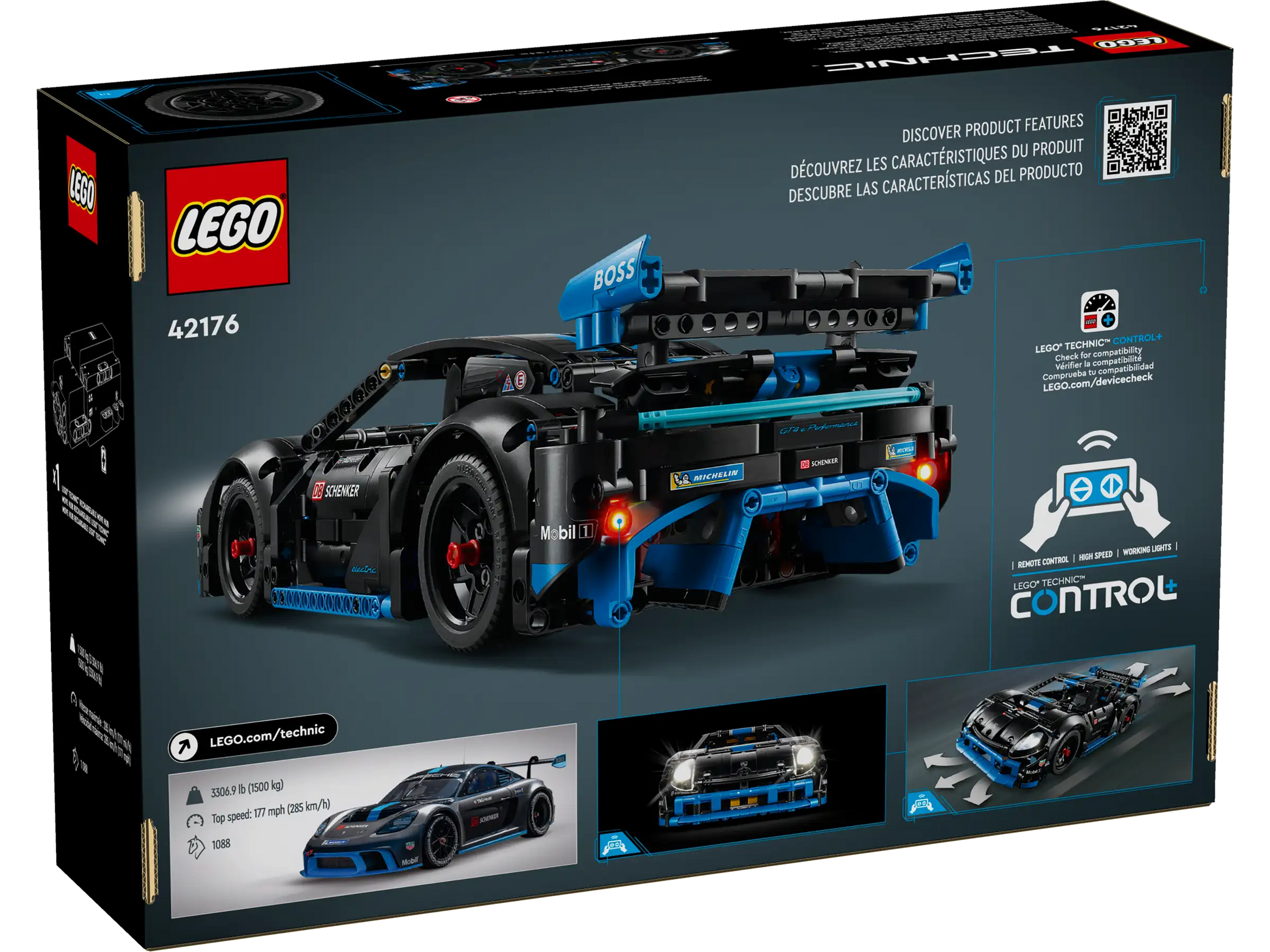 Back of LEGO® Technic™ Porsche GT4 e-Performance Race Car box by Legos - Toyhouse, showing a black and blue remote-controlled car, product details, CONTROL+ app features, and car highlights.