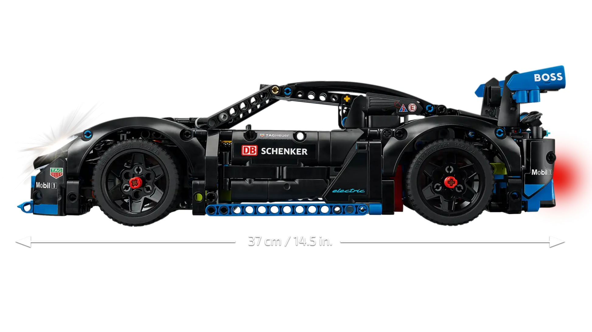 The LEGO® Technic™ Porsche GT4 e-Performance Race Car by Legos - Toyhouse is a 37 cm black model with DB Schenker, Boss, and Mobil 1 logos and CONTROL+ app compatibility for remote-controlled racing action.