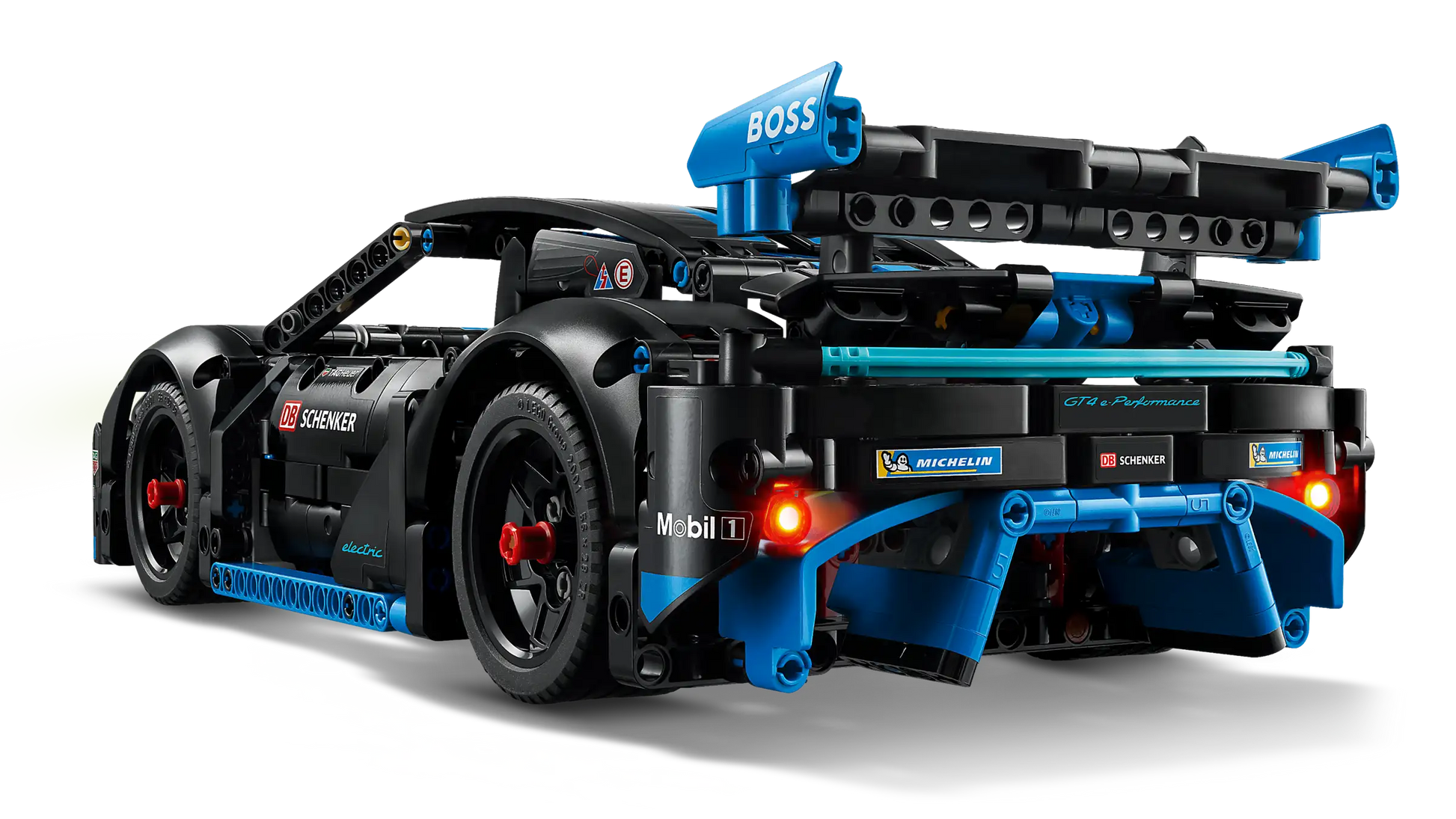 The LEGO® Technic™ Porsche GT4 e-Performance Race Car by Legos - Toyhouse is a black and blue model with realistic decals, aerodynamic features, rear angle view, and CONTROL+ app compatibility.