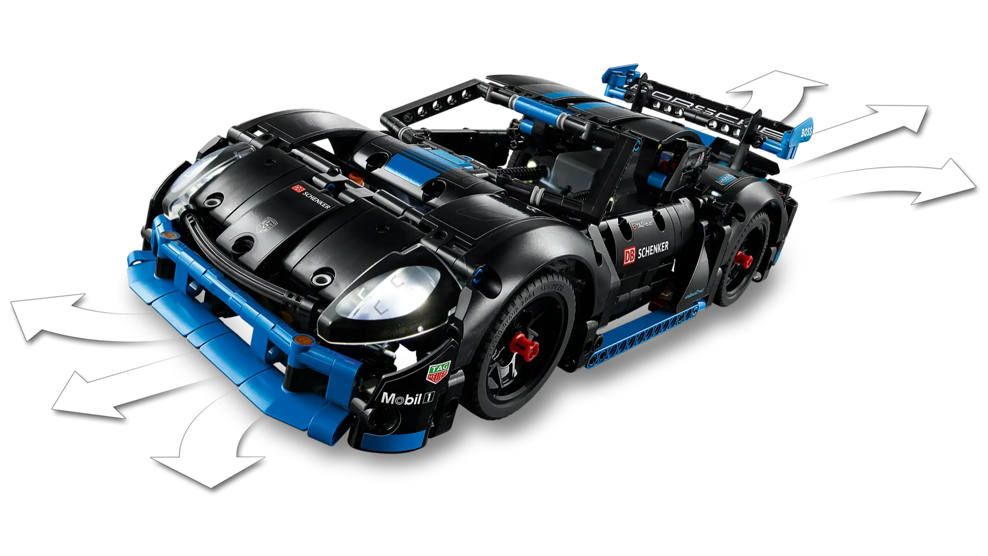The Legos - Toyhouse LEGO® Technic™ Porsche GT4 e-Performance Race Car features a sleek black and blue design with airflow arrows and works with the CONTROL+ app for thrilling, remote-controlled racing fun.