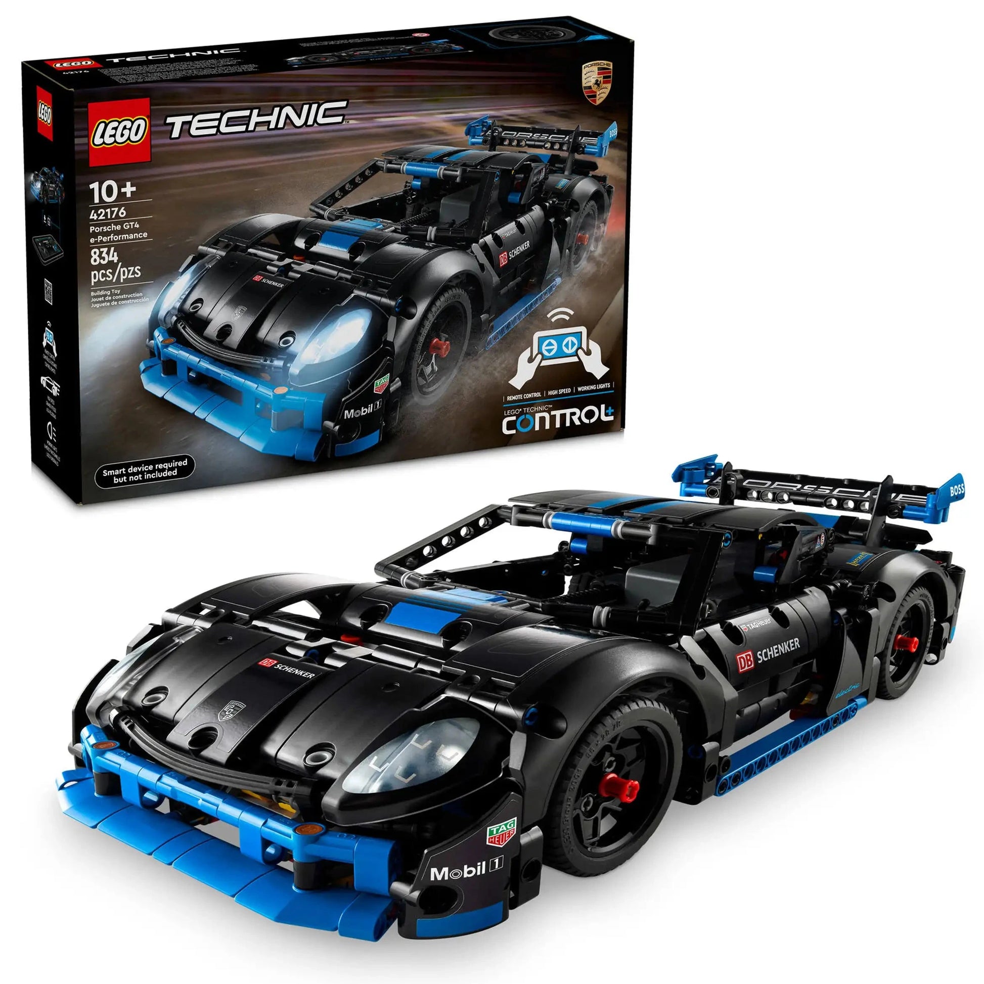 Build the LEGO® Technic™ Porsche GT4 e-Performance Race Car from Legos - Toyhouse, a detailed 835-piece set for ages 10+. Display the finished car with box packaging and enjoy remote-control play with the CONTROL+ app.