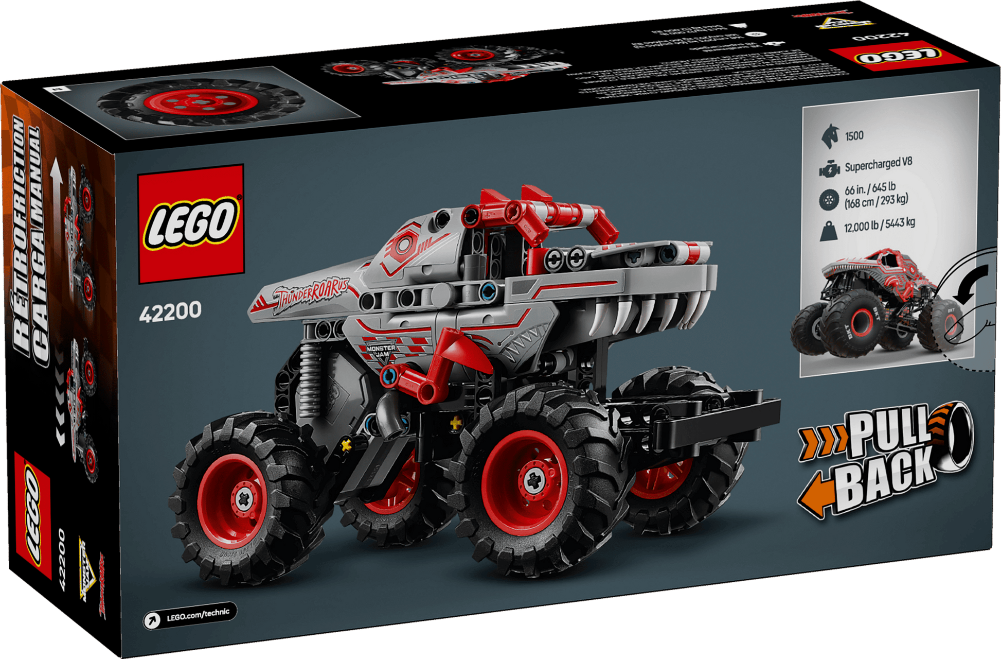 The Legos - Toyhouse LEGO® Technic™ Monster Jam™ ThunderROARus™ Pull-Back set box displays a thrilling monster truck toy with product details and images showing its exciting pull-back action.