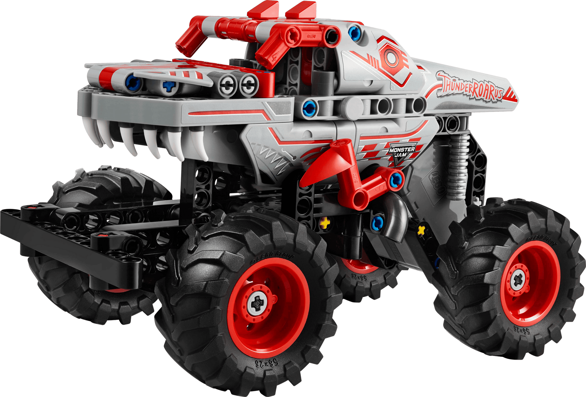 The Legos - Toyhouse LEGO® Technic™ Monster Jam™ ThunderROARus™ Pull-Back features large black tires, red rims, and a distinctive dinosaur design with "ThunderROARus" on the side.