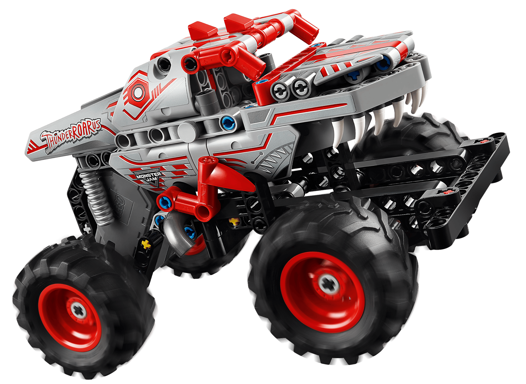The LEGO® Technic™ Monster Jam™ ThunderROARus™ Pull-Back from Legos - Toyhouse features a dinosaur-themed monster truck with large black wheels, red rims, and a silver-and-red body—perfect for thrilling pull-back races.