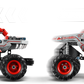 Two identical LEGO® Technic™ Monster Jam™ ThunderROARus™ Pull-Back trucks by Legos - Toyhouse with red wheels; the right truck features motion blur and a large arrow pointing forward.