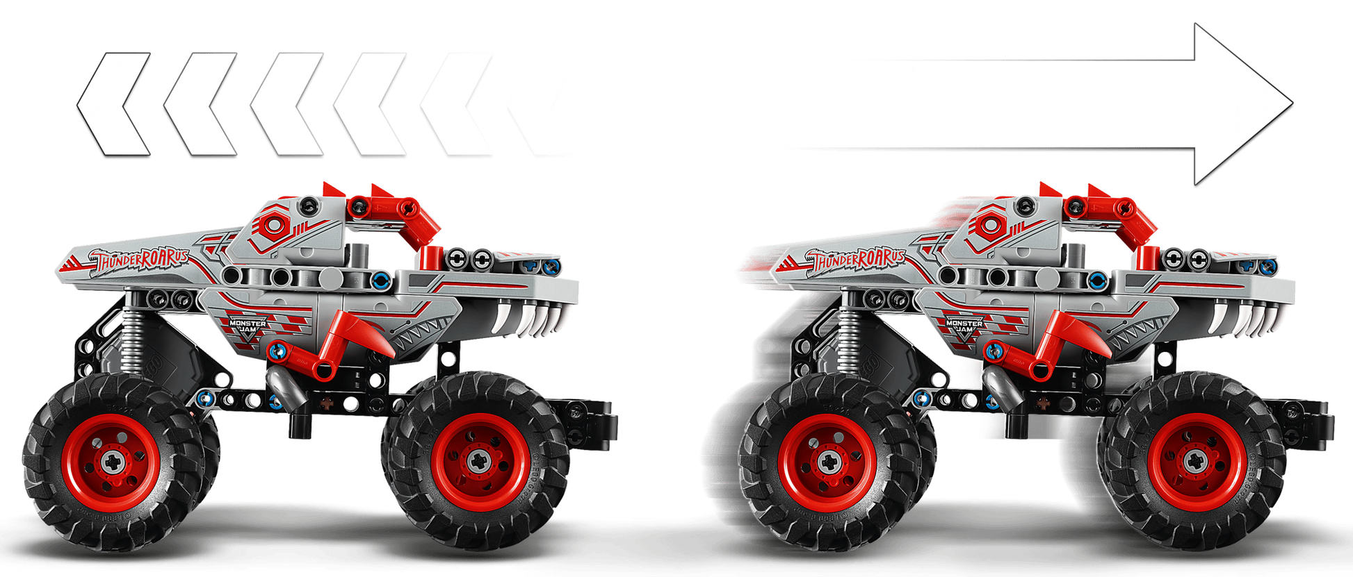 Two identical LEGO® Technic™ Monster Jam™ ThunderROARus™ Pull-Back trucks by Legos - Toyhouse with red wheels; the right truck features motion blur and a large arrow pointing forward.
