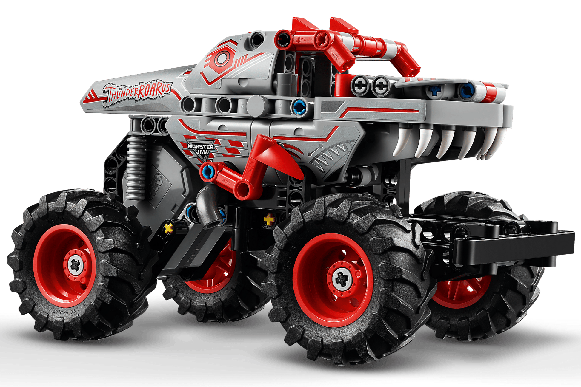 The Legos - Toyhouse LEGO® Technic™ Monster Jam™ ThunderROARus™ Pull-Back is a monster truck toy with large black tires, red rims, and gray, red, and black details featuring "Thunderous" on its side.
