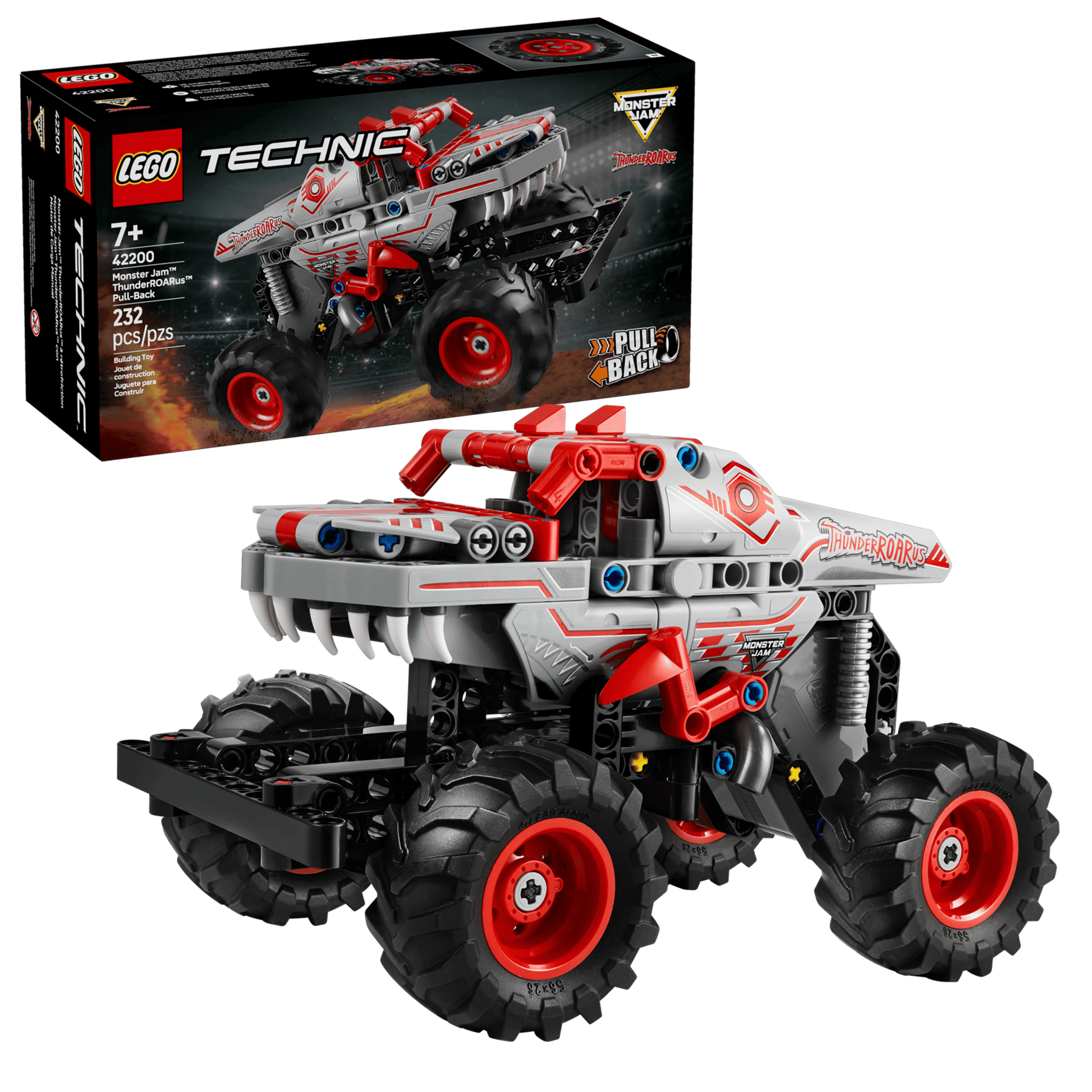 The LEGO® Technic™ Monster Jam™ ThunderROARus™ Pull-Back by Legos - Toyhouse is a red and gray truck toy with large wheels, shown built in front of its box that features the model name and piece count.