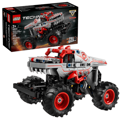 The LEGO® Technic™ Monster Jam™ ThunderROARus™ Pull-Back by Legos - Toyhouse is a red and gray truck toy with large wheels, shown built in front of its box that features the model name and piece count.
