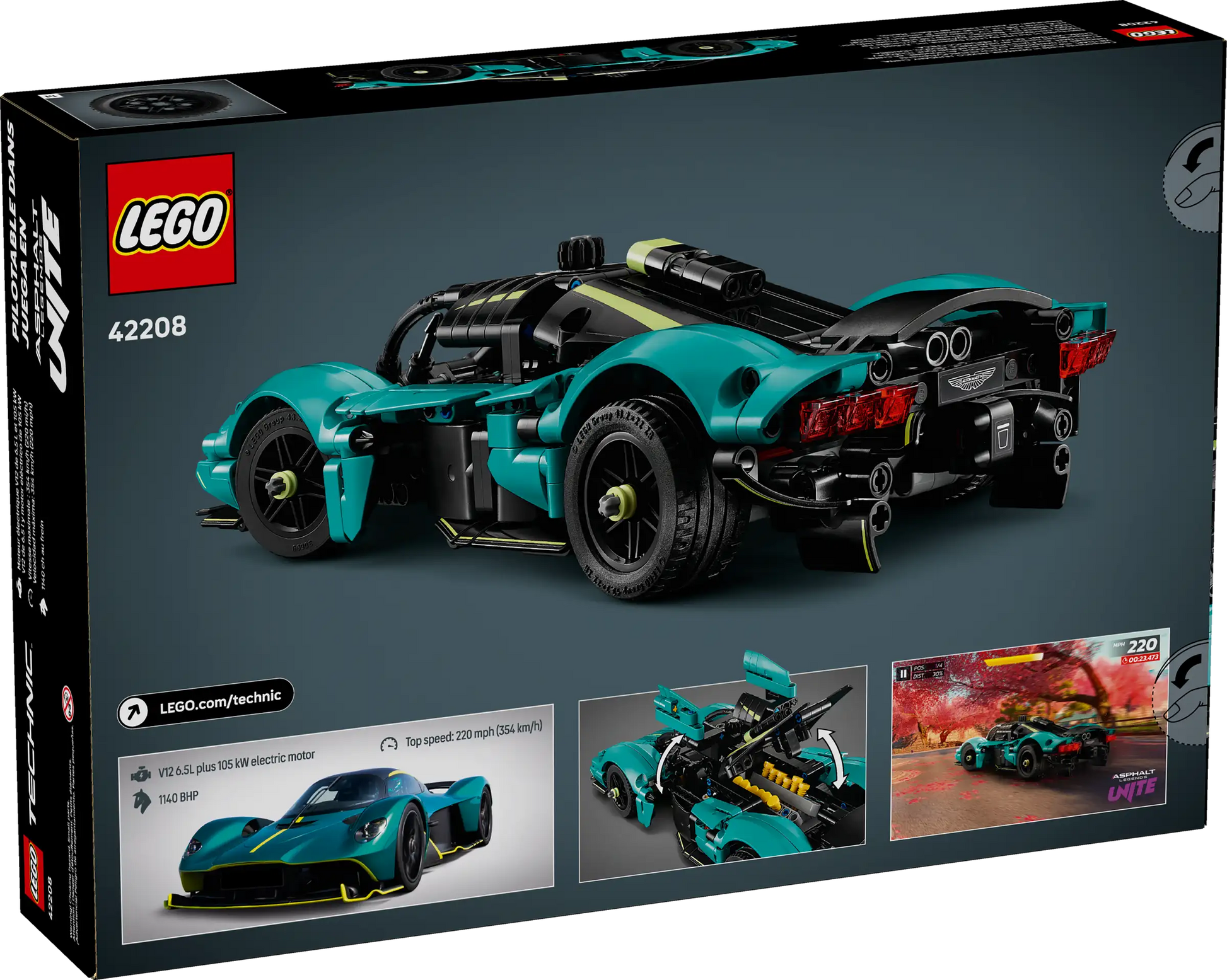 The LEGO® Technic™ Aston Martin Valkyrie by Legos - Toyhouse features a detailed car model kit, with box images showcasing the set, car highlights, and the completed build on the back.