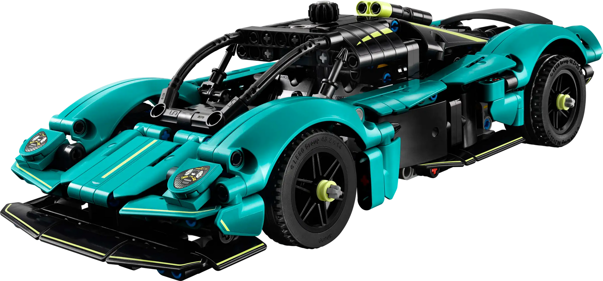 The LEGO® Technic™ Aston Martin Valkyrie by Legos - Toyhouse is a teal and black model kit featuring detailed bodywork, large wheels, a V12 engine, and exposed mechanical elements.