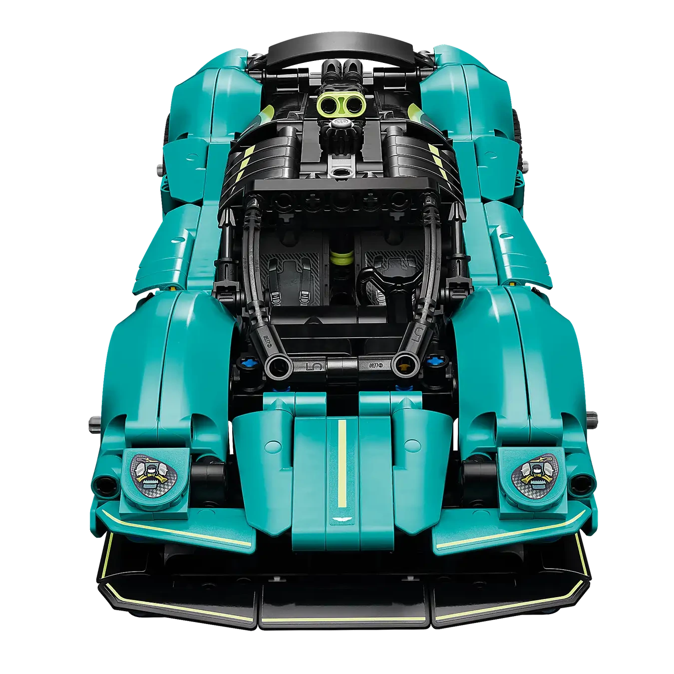 A teal LEGO® Technic™ Aston Martin Valkyrie by Legos - Toyhouse, featuring detailed V12 engine components, is displayed from a top-down view on a white background.