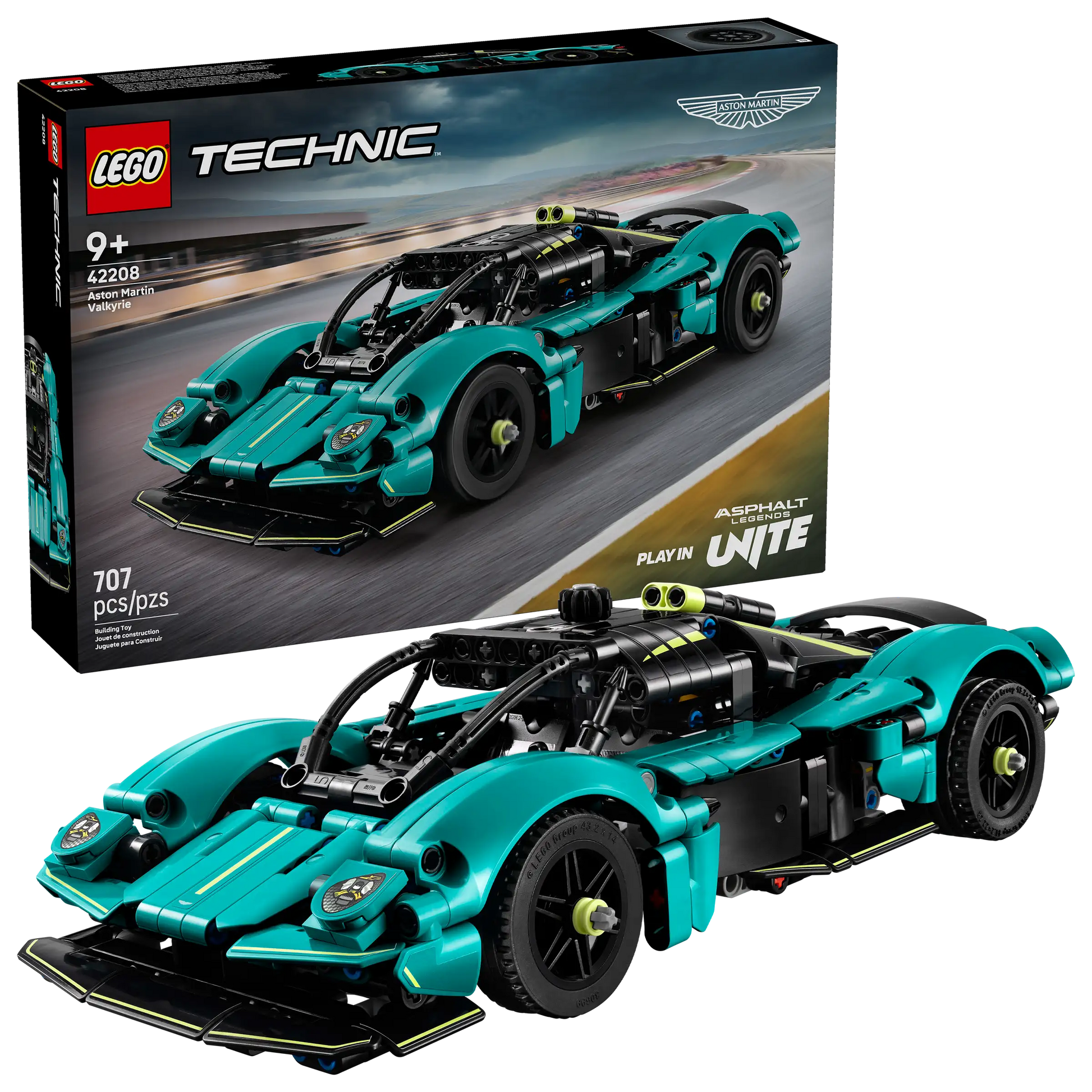The LEGO® Technic™ Aston Martin Valkyrie by Legos - Toyhouse includes 707 pieces and a detailed V12 engine, ideal for ages 9+. Set comes with the built model and original box.