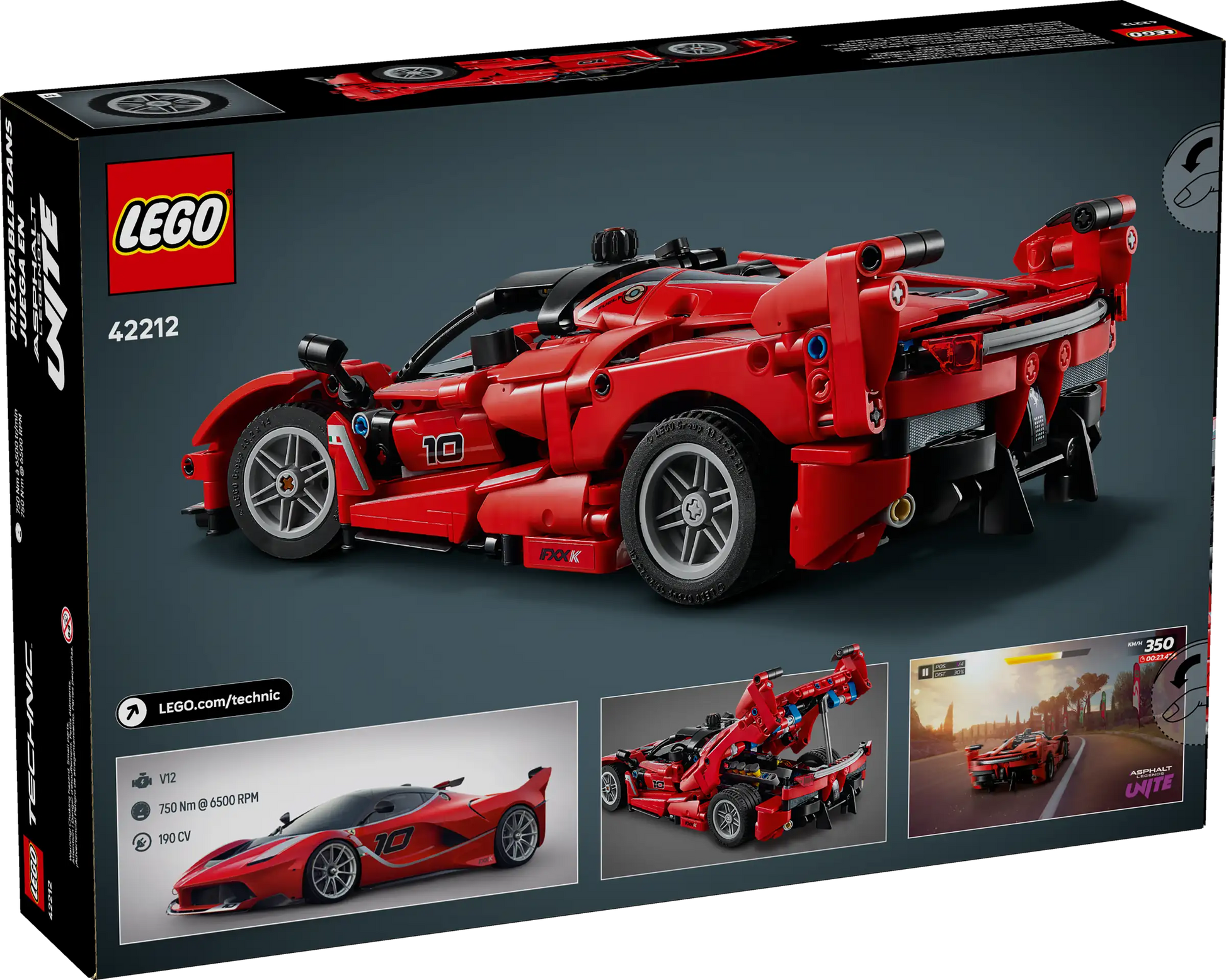 The LEGO® Technic™ Ferrari FXX K box by Legos - Toyhouse showcases the assembled model, highlighting its intricate details and extra images—making it an exciting toy car for kids and collectors alike.
