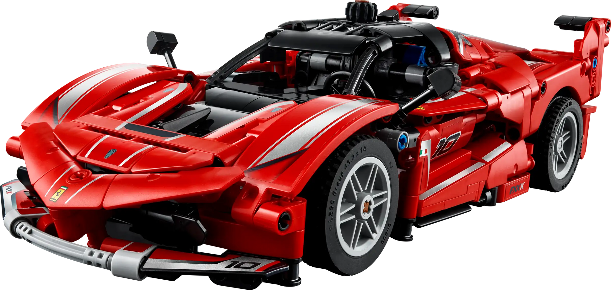 The LEGO® Technic™ Ferrari FXX K by Legos - Toyhouse features red color, white stripes, a detailed engine, and racing stickers—seen from a front-side angle. It’s ideal for kids and collectors who love model cars.