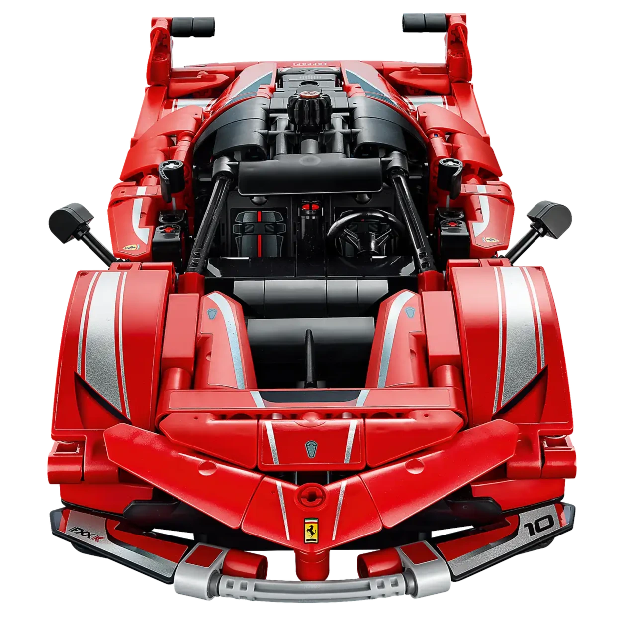 The LEGO® Technic™ Ferrari FXX K by Legos - Toyhouse, seen from above, features a detailed cockpit, steering wheel, and aerodynamic design—an exciting model car for kids and collectors.