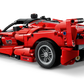 The Legos - Toyhouse LEGO® Technic™ Ferrari FXX K model kit in red features detailed rear spoilers, side mirrors, and realistic tires, shown from the back left.