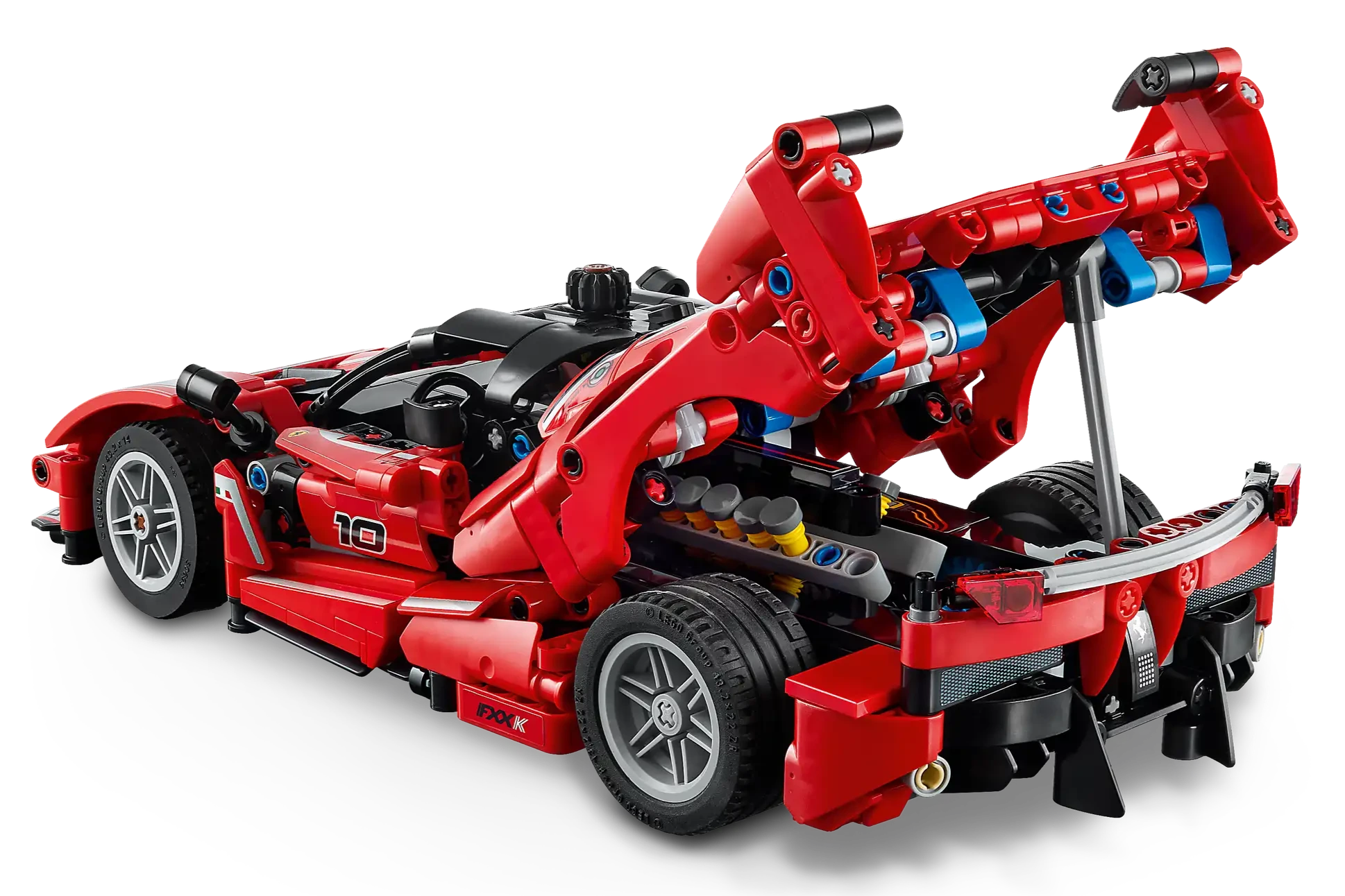 The LEGO® Technic™ Ferrari FXX K from Legos - Toyhouse features a raised rear engine cover, exposing detailed moving parts—a must-have model car kit for kids and collectors.
