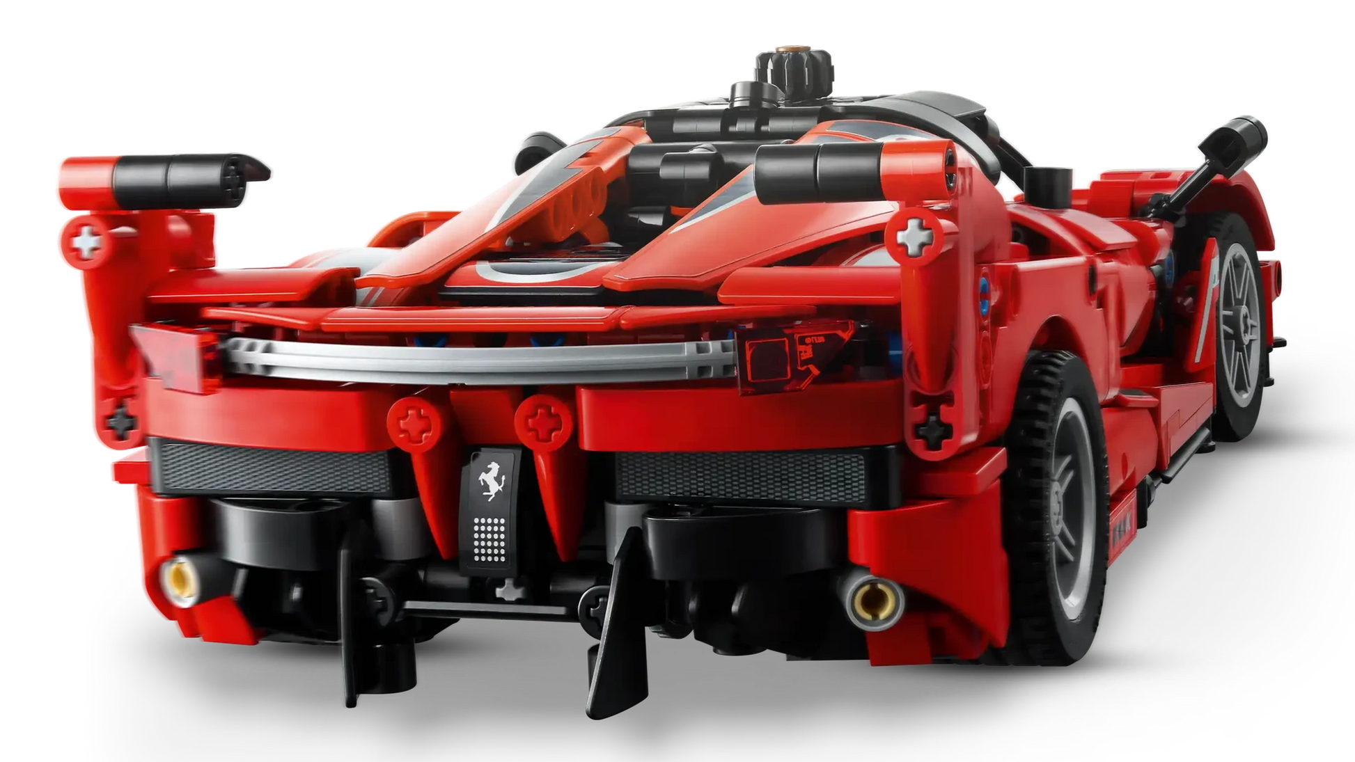 A close-up view of the rear of the LEGO® Technic™ Ferrari FXX K by Legos - Toyhouse showcases its detailed design elements and authentic branding, built from LEGO bricks for kids.